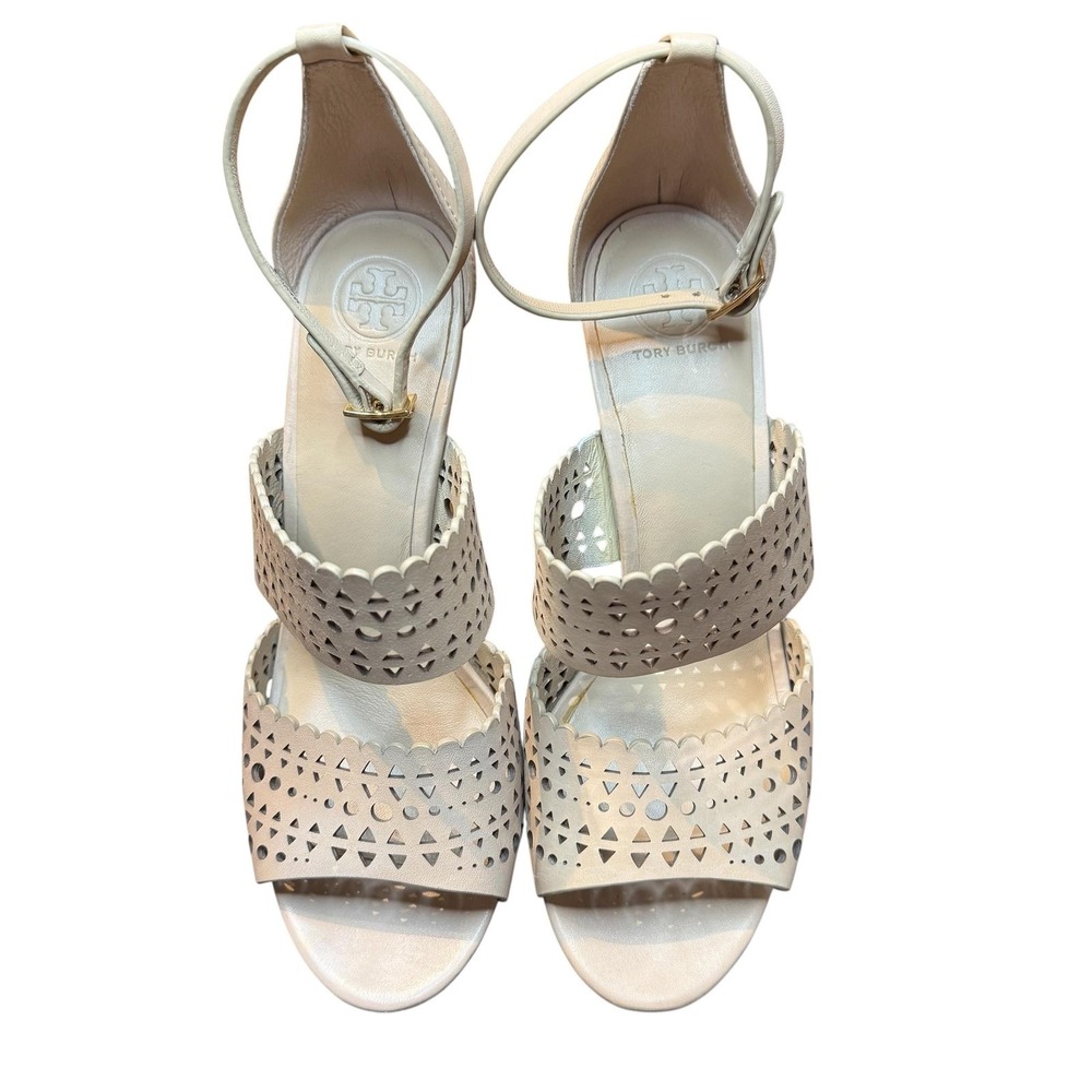 Tory Burch‎ Shoes Womens Size 8.5 Beige Leather Cutout Ankle Strap Sandals Heels
